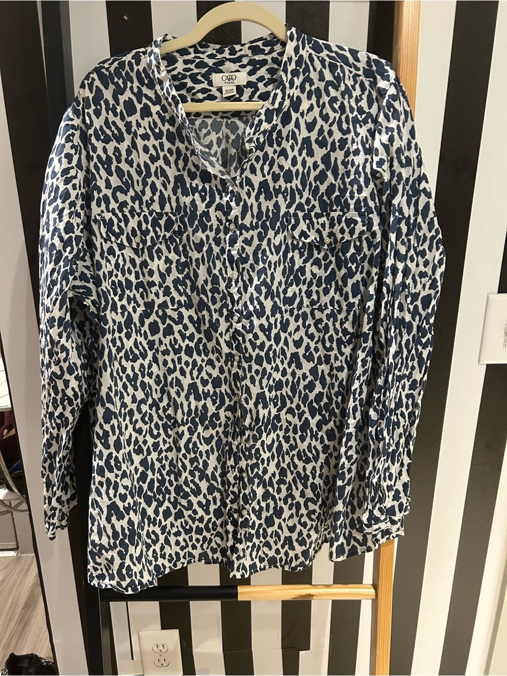 Cato Navy and White Leopard Print Button-Up Blouse